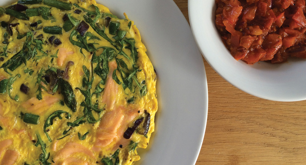 Smoked Salmon & Asparagus Frittata with Cherry Tomato and Chorizo salsa